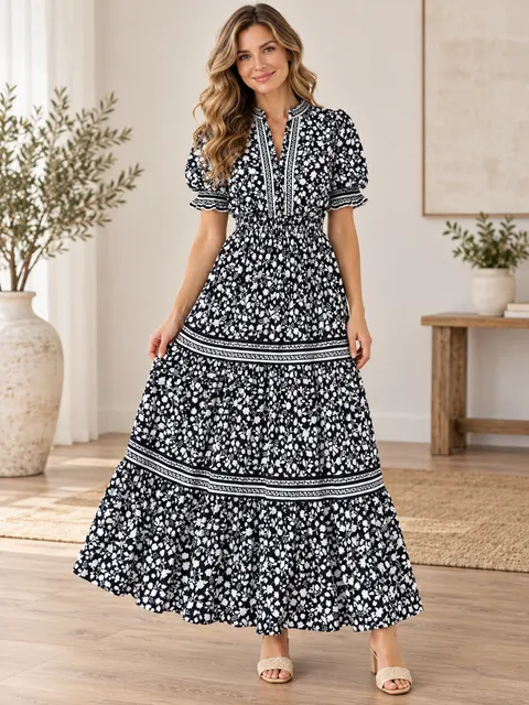Max Studio Floral Tiered Maxi Dress Black White Smocked Waist Size M Est