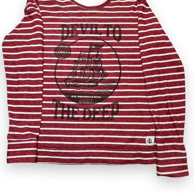 Obey Devil To The Deep Striped Shirt Size S Red White Long Sleeve