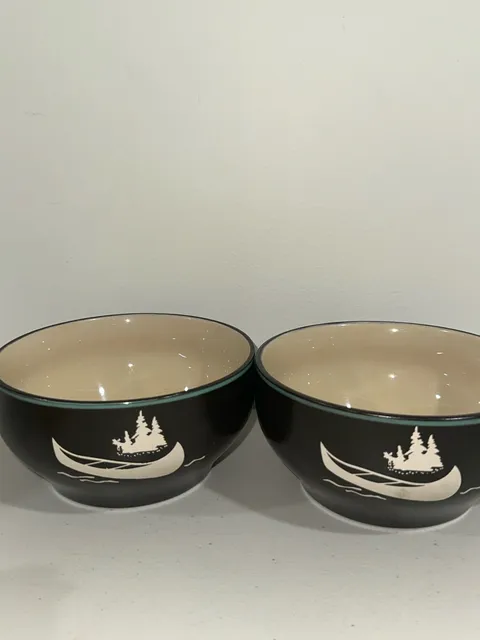 Canoe Pine Trees Ceramic Bowls Set of 2