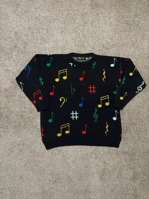 1980s Pittsburgh PA Rare Knit Aims Knits Music Notes Sweater Black