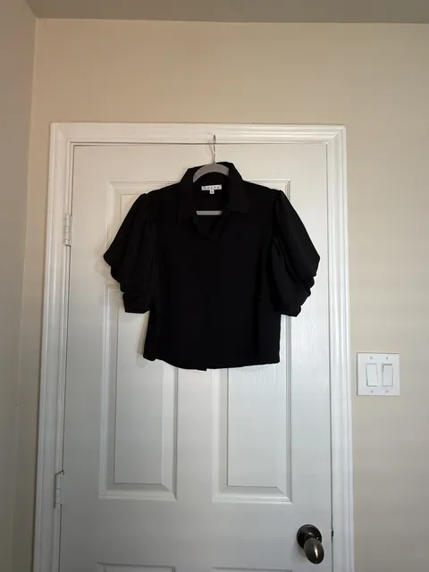 HYFVE Puff Sleeve Blouse Size L Black Collared Button Down Top