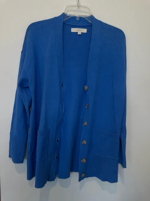 Loft Long Cardigan Size S Blue Button Up Pockets