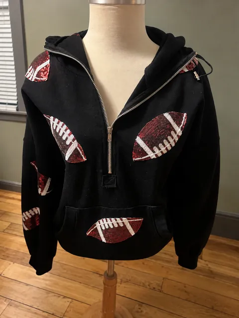 Boutique Sequin Football Hoodie Black