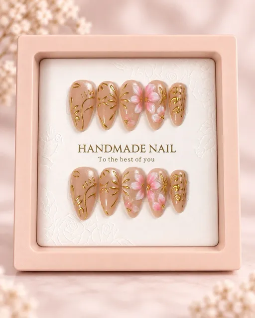 Reusable Pink Floral Press On Nails Size M Medium Almond Gold Accent Set #002