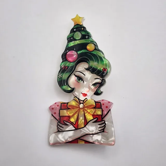 Kitsch Quirky Retro Christmas Tree Lady Statement Acrylic Brooch Pin Kawaii