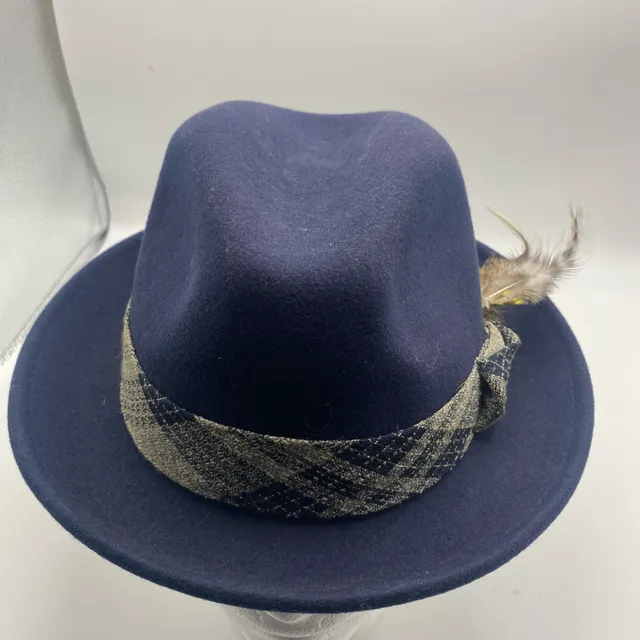 Montique International Fedora Hat Size S Blue Plaid Band Feather