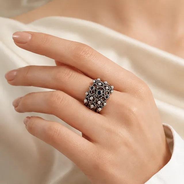 Vintage Sterling Silver Pearl Sapphire Cluster Cocktail Ring Size 6.5