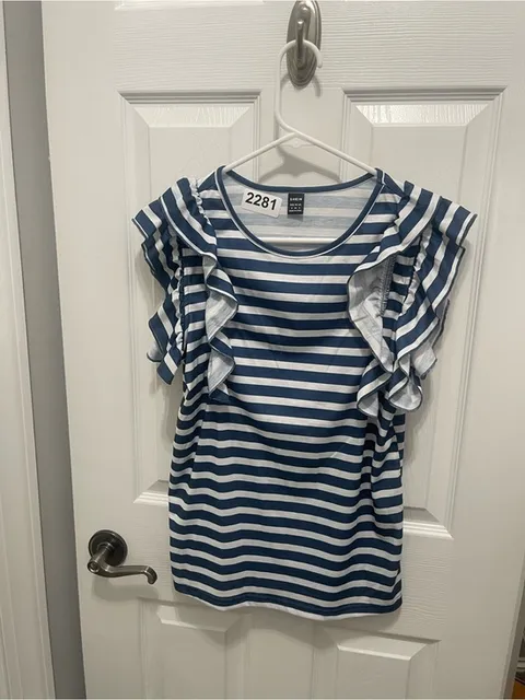 SHEIN Blue & White Striped Ruffle Sleeve Top