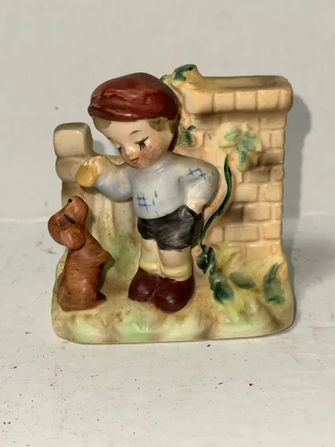 Vintage Made in Japan Boy & Dog Ceramic Figurine Fence Ivy No 4506