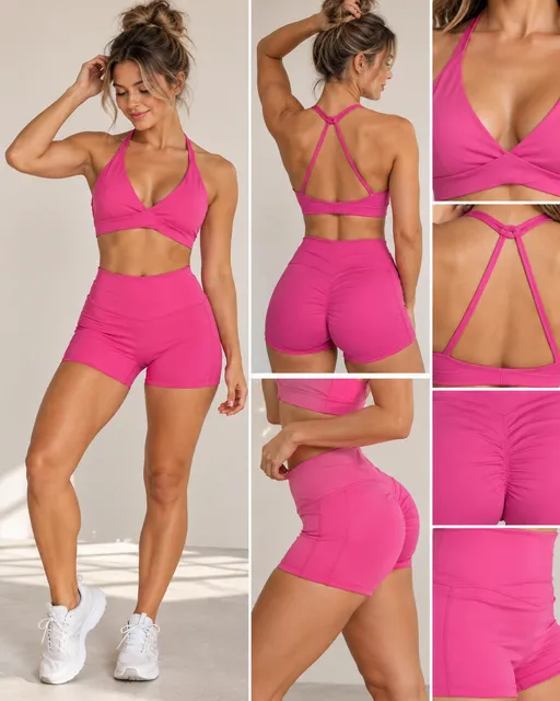 Workout Yoga Set V-Neck Cross Back Size S Pink Two Piece