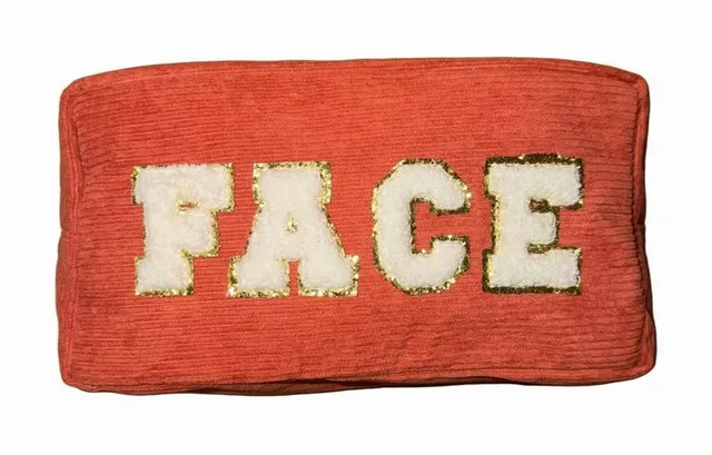Face Corduroy Makeup Pouch Orange Gold Letters