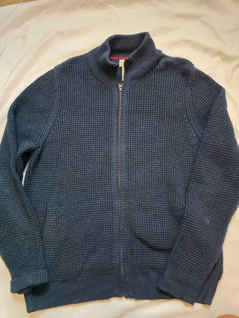 LL Bean Organic Cotton Waffle Knit Full Zip Sweater Blue