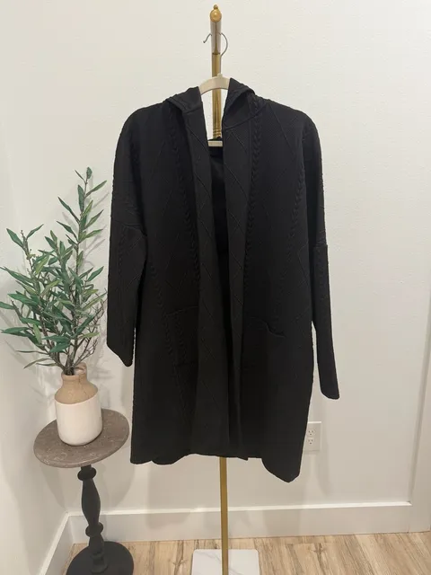 Cable Knit Pocket Hooded Long Cardigan Black