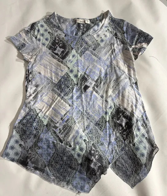 CATO Blue Patchwork Floral Short Sleeve Studded Top Size Medium