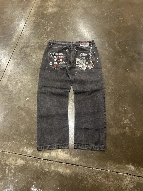 Southpole Baggy Jeans Black Skull Print Denim Y2K