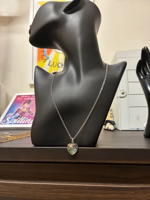 Upcycled Stainless Steel Iridescent Crystal Heart Pendant Necklace Silver Tone