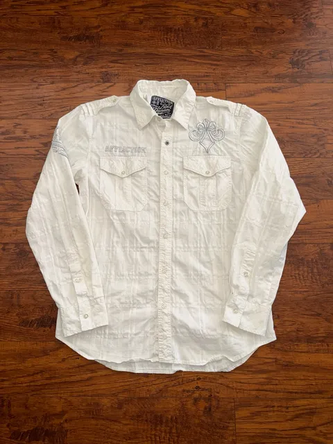 Y2K vintage Affliction Lost Souls Button Down Shirt White Embroidered Long Sleeve