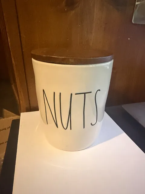 Rae Dunn NUTS Canister Ceramic Food Storage Jar Wood Lid