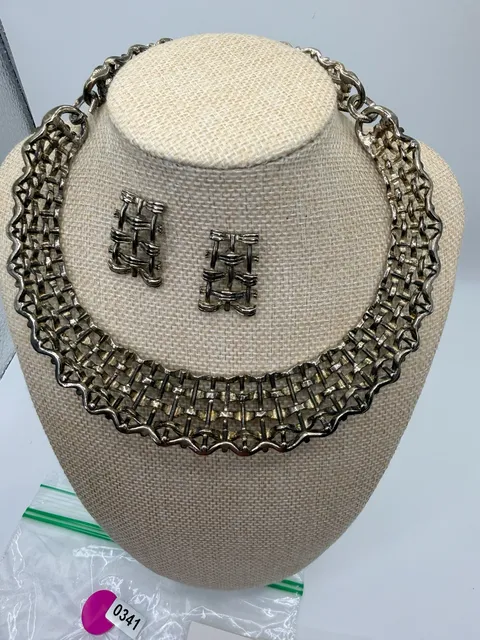 Vintage Woven Metal Collar Necklace And Earrings Set