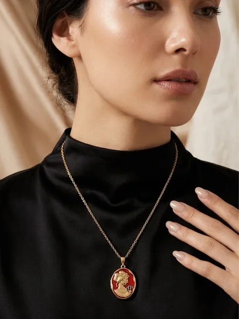 Gold-Tone Red Cameo Pendant Necklace - Stainless Steel NWT