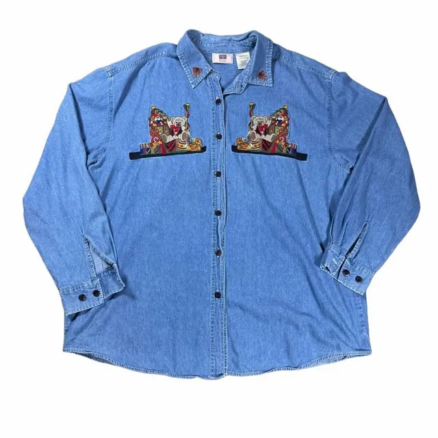 Y2K Faded Glory Denim Shirt Size 3X Christmas Bear Embroidered