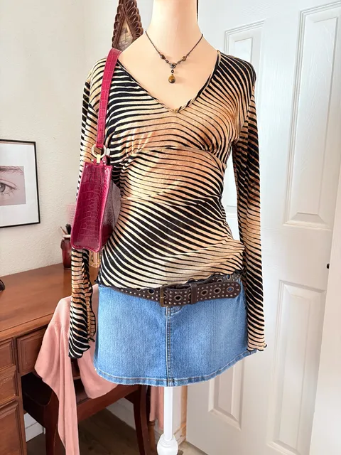 Forever 21 Y2K Striped Wrap Top Brown Black Shimmer Long Sleeve Ethereal Whimsy Boho