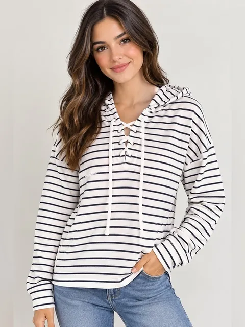 Universal thread Striped Lace-Up Hoodie - White & Black -M
