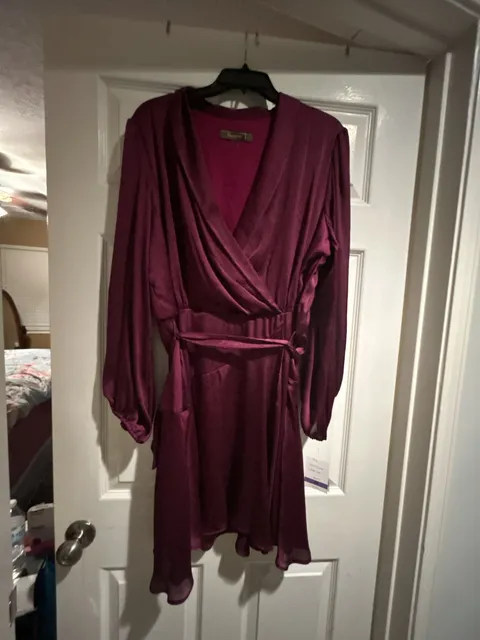 Melonie T Wrap Dress Size 18 Purple Long Sleeve Belted Mini