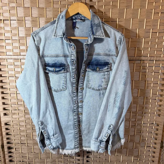 Pilcro Women's Denim Jacket Size S Light Wash Distressed Fringe Hem