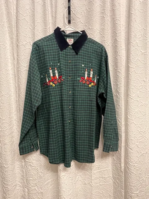 Vintage 90s Nutcracker Christmas Plaid Shirt Large Embroidered Candles Velvet