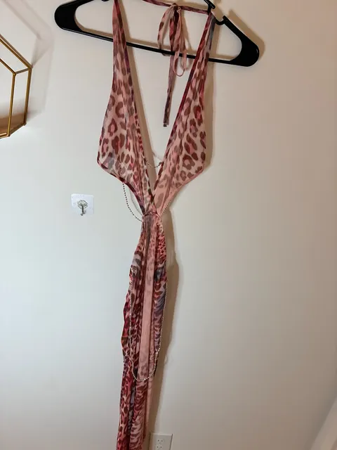 Pink Leopard Print Plunging Halter Sheer Maxi Dress Size L