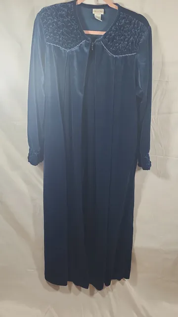 Vintage Delicates Navy Blue Velour Smocked Zip-Front Long Robe Housecoat, Size M