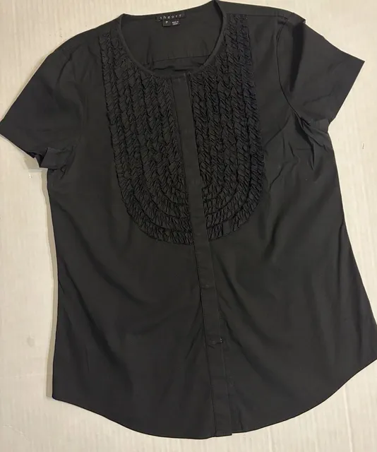 Theory Ruffle Front Blouse Size P Black Short Sleeve Shirt