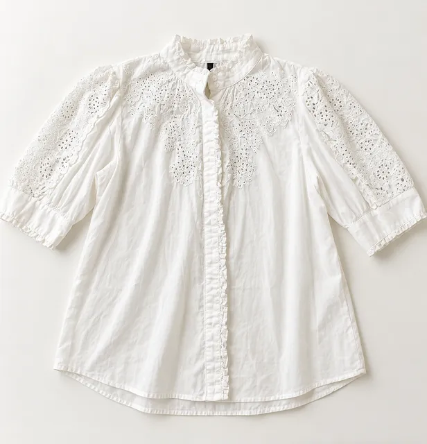 J.Crew Ruffle Neck Eyelet Embroidered Blouse Size L White (b1)