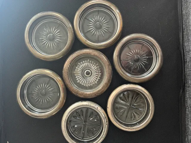 Vintage Italian Silverplate Crystal Glass Coasters Set of 7