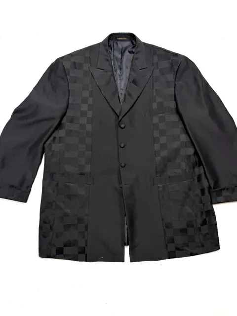 Ranalli Men's Blazer Size 52R Avant-Garde Dark Academia Formal Eveningwear Tonal Checkerboard Jacquard Black Peak Lapel Four Button Tuxedo Style Sport Coat