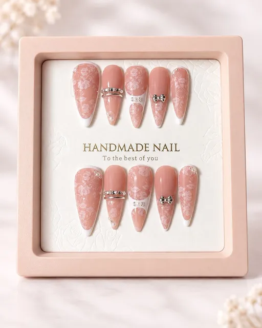 Reusable Pink Press On Nails Size L Long Almond Lace Bow Rhinestone 10pc Set