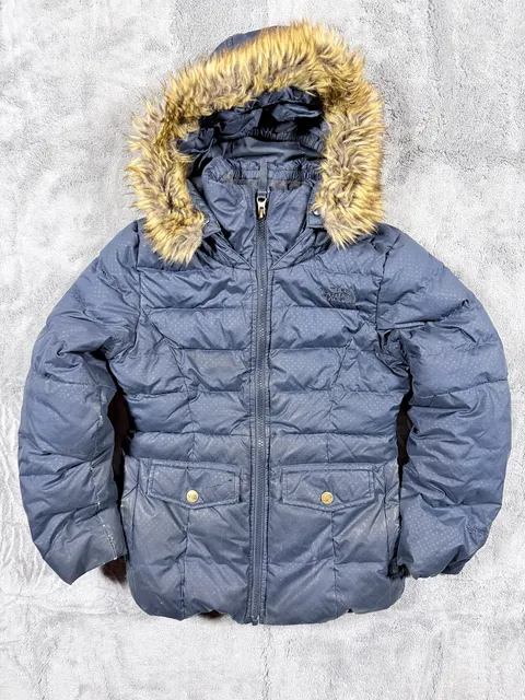 The North Face Gotham II Down Jacket Size 7/8 Navy Blue Faux Fur Hood
