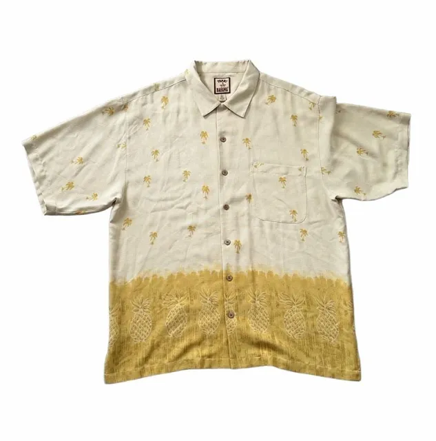 Tommy Bahama Silk Camp Shirt Size L Yellow Pineapple Palm Tree