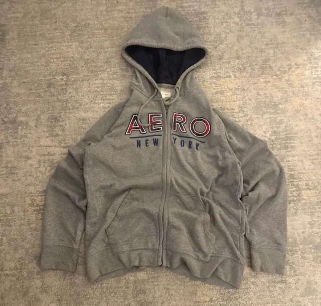 Y2K Aeropostale Zip Up Hoodie Size L Gray New York Embroidered Logo