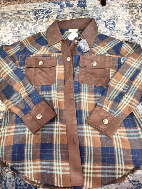 ODDI Plaid Suede Trim Shacket Size S Blue Brown