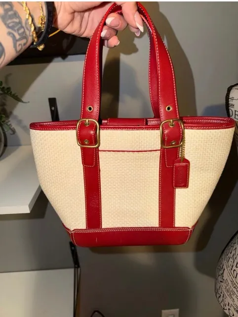 Coach Red Leather Trim Straw Tote Bag B3K-8909