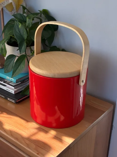 Georges Briard Red Ice Bucket Wooden Handle Lid