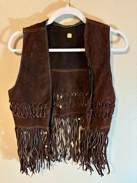 Vintage Brown Suede Leather Fringe Western Vest Beaded Boho