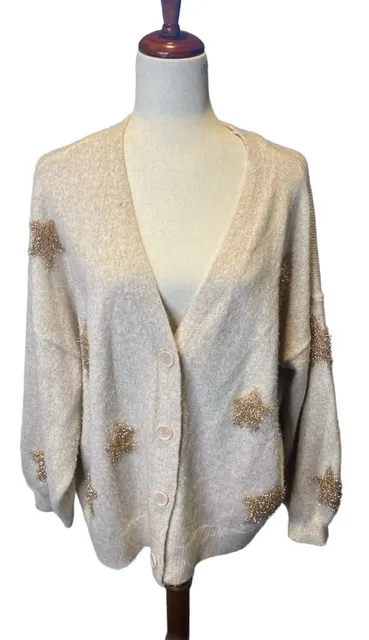 Maurices Gold Tinsel Star Soft Cozy Cream Buttoned Cardigan ...,