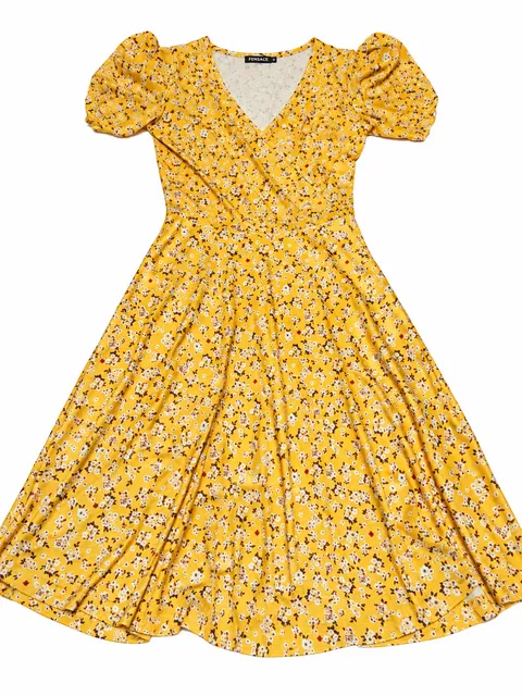 Fensace Floral Dress Size S Yellow Wrap V-Neck Short Sleeve