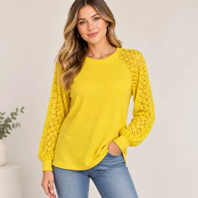 MIHOLL Waffle Knit Lace Sleeve Top Size L Yellow Long Sleeve Shirt