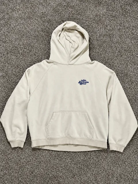 Jackson Hole Hoodie Sweatshirt Size L Cream Blue Mountain Graphic
