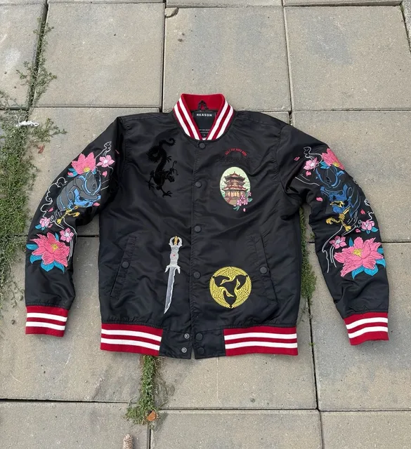 Reason The Katana Bomber Jacket Size L Black Japanese Embroidery