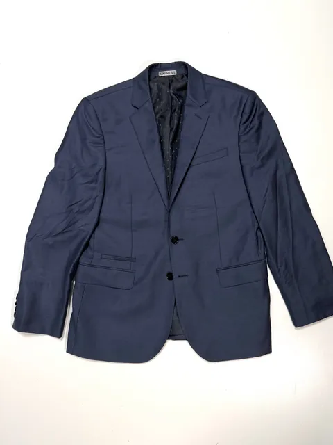 Express Photographer Men's Blazer 40 Short Quiet Luxury Old Money Dark Academia Heritage Minimalist Navy Blue Wool Blend Fitted Two Button Notch Lapel Polka Dot Lining Sport Coat